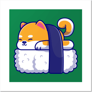 Cute Shiba Inu Dog Sushi Cartoon Illustration Posters and Art